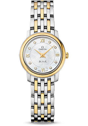 Omega De Ville 424.20.24.60.55.001 Prestige Quartz 24.4mm Steel Case - Yellow Gold Bezel - Mother-Of-Pearl Diamond Dial - Yellow Gold Bracelet
