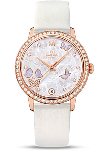 Omega De Ville 424.57.33.20.55.002 Prestige Co-Axial 36.8mm Red Gold Case - Diamond Bezel - Mother-Of-Pearl Diamond Dial - White Leather Strap Main image