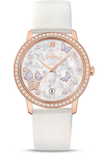 Omega De Ville 424.57.37.20.55.003 Prestige Co-Axial 36.8mm Red Gold Case - Diamond Bezel - Mother-Of-Pearl Diamond Dial - White Leather Strap