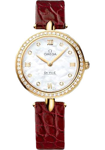 Omega De Ville 424.58.27.60.55.001 Prestige Quartz Dewdrop 27.4mm Yellow Gold Case - Radiant Diamond Paved Bezel - Mother-Of-Pearl Dial - Red Leather Strap