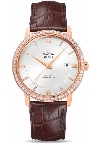 Omega De Ville 424.58.40.20.52.002 Prestige Co-Axial 39.5mm Red Gold Case - Diamond Bezel - Silver Diamond Dial - Brown Leather Strap