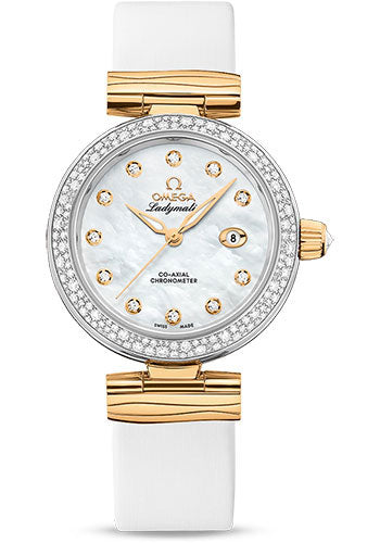 Omega De Ville 425.27.34.20.55.003 Ladymatic Omega Co-Axial 34mm Steel - Yellow Gold Case - Diamond Bezel - White Diamond Dial - White Leather Strap