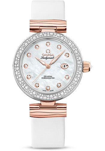 Omega De Ville 425.27.34.20.55.004 Ladymatic Omega Co-Axial 34mm Steel - Sedna Gold Case - Diamond Bezel - White Diamond Dial - White Leather Strap