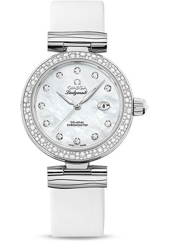 Omega De Ville 425.37.34.20.55.002 Ladymatic Omega Co-Axial 34mm Steel Case - Diamond Bezel - White Diamond Dial - White Leather Strap