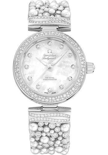 Omega De Ville 425.65.34.20.55.013 Ladymatic Omega Co-Axial - 34mm White Gold Case - Diamond Bezel - White Pearled Mother-Of-Pearl Diamond Dial