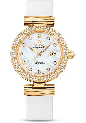 Omega De Ville 425.67.34.20.55.007 Ladymatic Omega Co-Axial 34mm Yellow Gold Case - Diamond Bezel - White Diamond Dial - White Leather Strap Main image