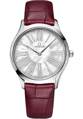Omega De Ville 428.58.36.60.55.001 Tresor Quartz - 36mm Canopus Gold Case - White Pearled Mother-Of-Pearl Dial - Red Garnet Leather Strap