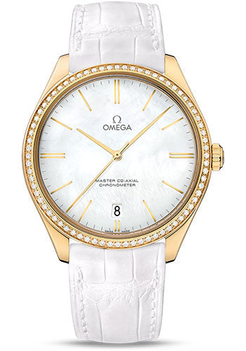 Omega De Ville 432.58.40.21.05.002 Tresor Omega Master Co-Axial 40mm Yellow Gold Case - Diamond Bezel - White Dial - White Leather Strap Main image