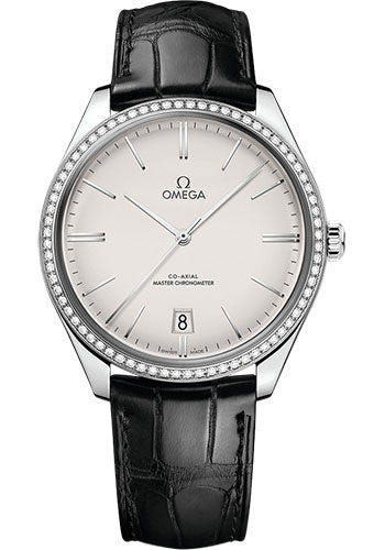Omega De Ville 435.18.40.21.02.001 Tresor Omega Co-Axial Master Chronometer - 40mm Steel Case - Diamond Bezel - Opaline Silvery Dial - Black Leather Strap