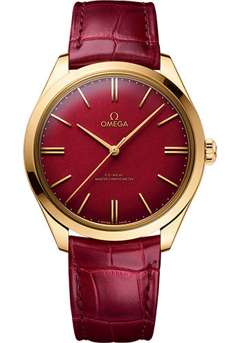 Omega De Ville 435.53.40.21.11.001 Tresor Co-Axial Master Chronometer 125th Anniversary Edition 40mm Yellow Gold Case - Rare Red Enamel Dial - Burgundy Leather Strap Main image
