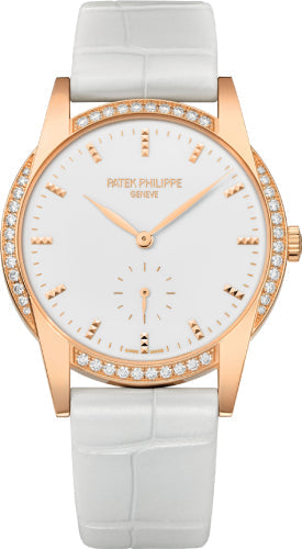 Patek Philippe Calatrava 7122-200R-001 Ladies 33mm White Hobnail Index Diamond Bezel Rose Gold Leather