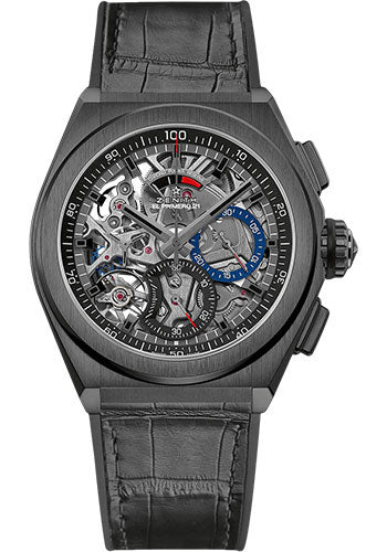 Zenith 49.9000.9004/78.R582 Defy El Primero 21 Black Ceramic - Openworked Dial - Black Rubber and Alligator Strap