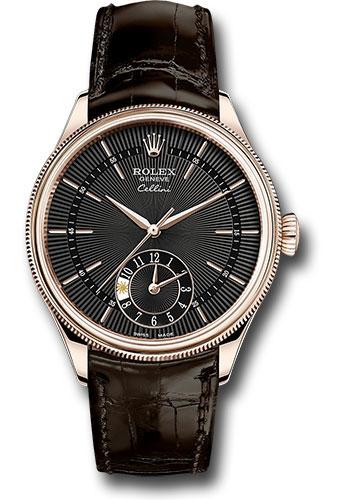 Rolex Cellini 50525 Dual Time Everose - Black Dial - Brown Leather Strap - bkbr