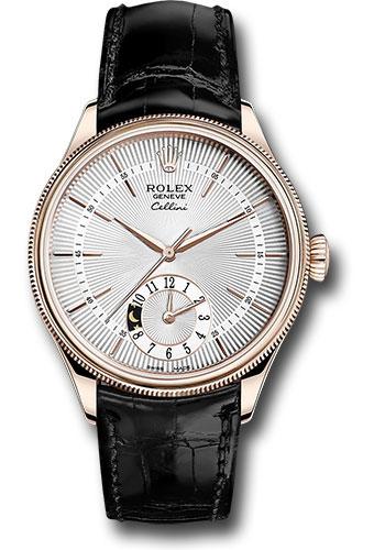 Rolex Cellini 50525 Dual Time Everose - Silver Dial - Black Leather Strap - sbk