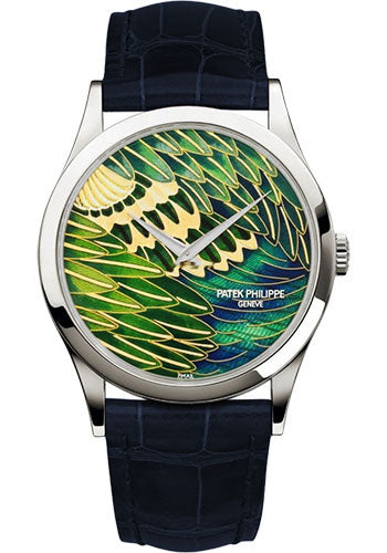 Patek Philippe Calatrava 5077P-089 Rare Handcrafts - 38mm Platinum Case - Cloisonne Peacock Feather Dial - Dark Blue Strap
