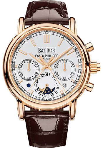 Patek Philippe Grand Complications 5204R-001 Split Seconds Chronograph Pertetual Calendar 40.2mm Rose Gold Case - Silver Dial - Chocolate Strap