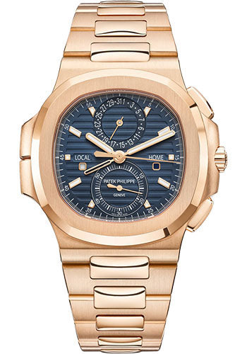 Patek Philippe Nautilus 5990/1R-001 Self-Winding Travel Time Chronograph - 40.5mm Rose Gold Case - Blue Dial - Rose Gold Bracelet