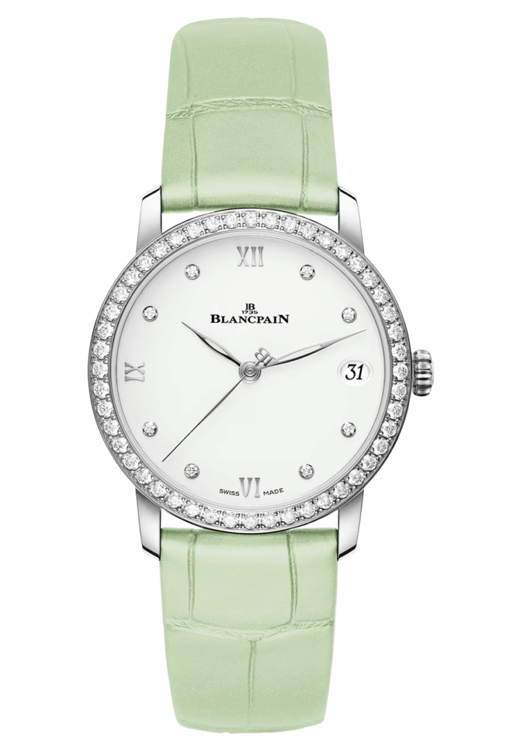 Blancpain 6127 4628 95A Villeret Women Date Diamond Ultra-Slim Green Alligator Ladies
