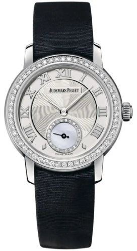 Audemars Piguet Jules Audemars 77228BC.ZZ.A001MR.01 28mm Small Seconds White Gold Silver Roman Dial & Diamond Bezel Silk Bracelet