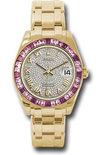 Rolex Datejust 81348SARO Yellow Gold Pearlmaster 34 12 Pink And 24 Light-Pink Sapphire Baguettes Bezel - Diamond Paved Roman Dial - dpr
