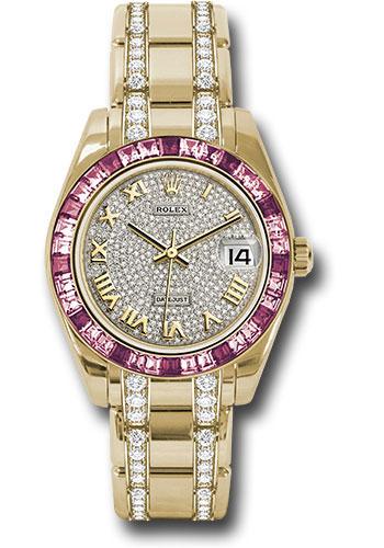 Rolex Datejust 81348SARO Yellow Gold Pearlmaster 34 12 Pink And 24 Light-Pink Sapphire Baguettes Bezel - Diamond Paved Roman Dial - dprdp