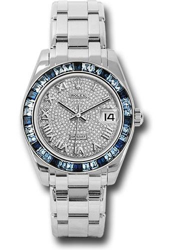 Rolex Datejust 81349SA White Gold Pearlmaster 34 12 Blue And 24 Light-Blue Sapphire Baguettes Bezel - Diamond Paved Roman Dial - dpr Main image