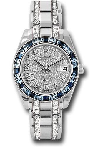 Rolex Datejust 81349SA White Gold Pearlmaster 34 12 Blue And 24 Light-Blue Sapphire Baguettes Bezel - Diamond Paved Roman Dial - dprdp Main image