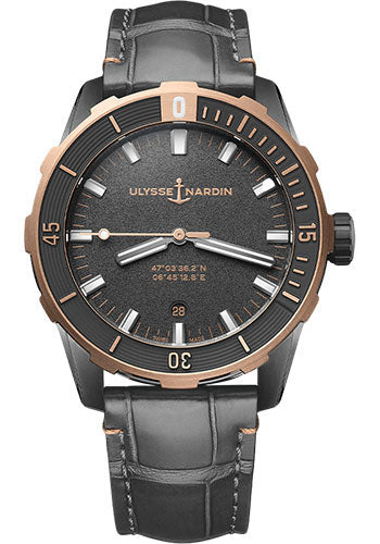 Ulysse Nardin 8163-175/GREY-5N Diver 42mm Steel and Rose Gold Case Grey Dial Dark Grey Leather Strap