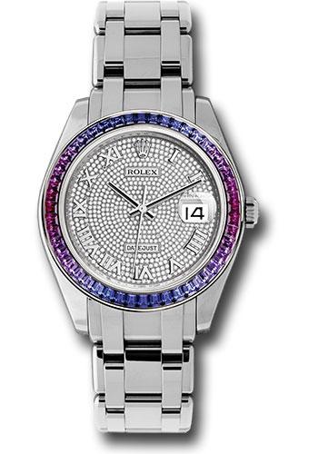 Rolex Datejust 86349SAF White Gold Pearlmaster 39 48 Blue To Fuchsia Pink Gradient Baguette-Cut Sapphires Bezel - 18K White Gold Diamond Paved Dial - dpr