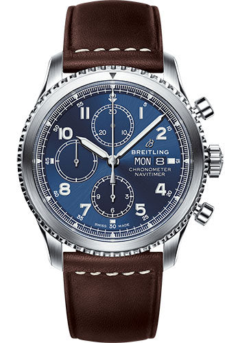 Breitling Aviator 8 A13314101C1X2 Chronograph 43 Steel Case - Blue Dial - Brown Leather Strap