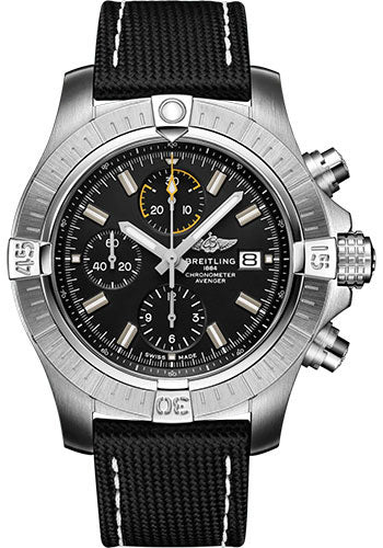 Breitling Avenger A13317101B1X1 Chronograph 45 Stainless Steel - Black Dial - Anthracite Calfskin Leather Strap - Tang Buckle