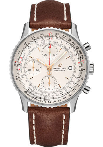 Breitling Navitimer A13324121G1X3 Chronograph 41 Steel - Mercury Silver Dial - Brown Leather Strap - Folding Buckle