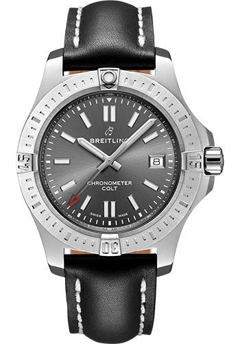 Breitling A17313101F1X4 Colt 41 Automatic Steel - Tempest Gray Dial - Black Leather Strap - Folding Buckle