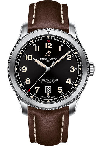 Breitling Aviator 8 A17315101B1X4 Automatic 41 Stainless Steel - Black Dial - Brown Calfskin Leather Strap - Folding Buckle