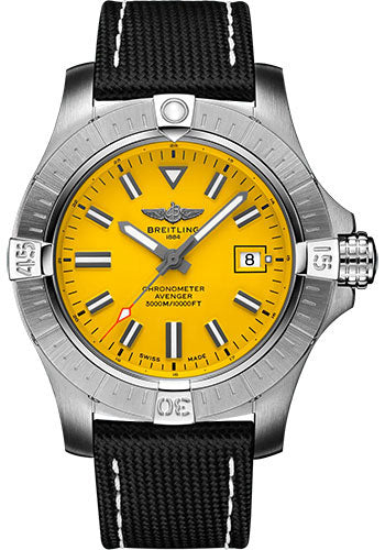Breitling Avenger A17319101I1X2 Automatic 45 Seawolf Stainless Steel - Yellow Dial - Anthracite Calfskin Leather Strap - Folding Buckle