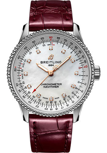 Breitling Navitimer A17395211A1P2 Automatic 35 Stainless Steel - Mother-Of-Pearl Dial - Burgundy Alligator Leather Strap - Folding Buckle Main image