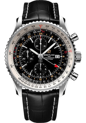Breitling Navitimer A24322121B2P1 Chronograph GMT 46 Steel - Black Dial - Black Croco Strap - Tang Buckle