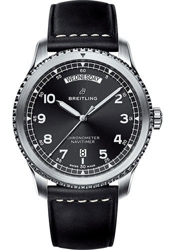 Breitling Aviator 8 A45330101B1X1 Automatic Day & Date 41 Steel Case - Black Dial - Black Leather Strap