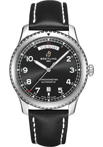 Breitling Aviator 8 A45330101B1X2 Automatic Day & Date 41 Stainless Steel - Black Dial - Black Calfskin Leather Strap - Folding Buckle