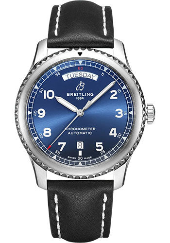 Breitling Aviator 8 A45330101C1X4 Automatic Day & Date 41 Stainless Steel - Blue Dial - Black Calfskin Leather Strap - Folding Buckle
