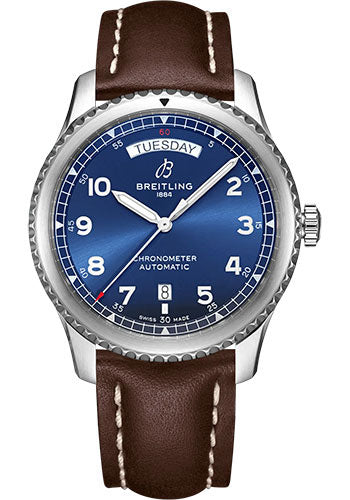 Breitling Aviator 8 A45330101C1X6 Automatic Day & Date 41 Stainless Steel - Blue Dial - Brown Calfskin Leather Strap - Folding Buckle