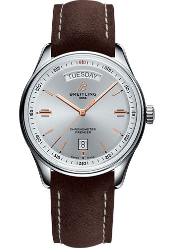 Breitling Premier A45340211G1X1 Automatic Day & Date 40mm Steel Case - Silver Dial - Brown Nubuck Strap