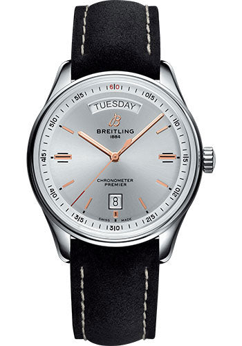 Breitling Premier A45340211G1X2 Automatic Day & Date 40mm Steel Case - Silver Dial - Black Nubuck Strap