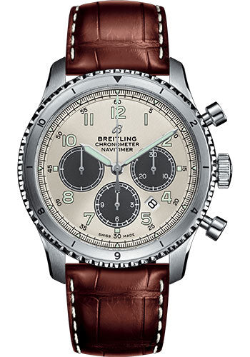 Breitling Aviator 8 AB01171A1G1P1 B01 Chronograph 43 Steel Case - Silver Dial - Brown Croco Strap