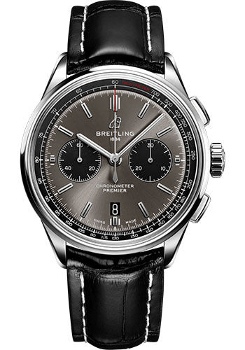 Breitling Premier AB0118221B1P1 B01 Chronograph 42 Steel - Blackeye Gray Dial - Black Alligator Strap - Folding Buckle