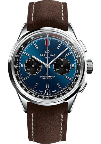 Breitling Premier AB0118221C1X1 B01 Chronograph 42 Stainless Steel - Blue Dial - Brown Calfskin Leather Strap - Folding Buckle