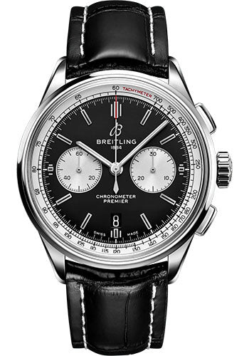 Breitling Premier AB0118371B1P1 B01 Chronograph 42 Stainless Steel - Black Dial - Black Alligator Leather Strap - Folding Buckle