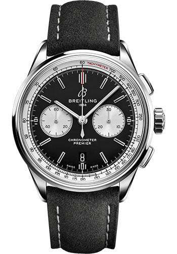 Breitling Premier AB0118371B1X1 B01 Chronograph 42 Stainless Steel - Black Dial - Anthracite Calfskin Leather Strap - Folding Buckle