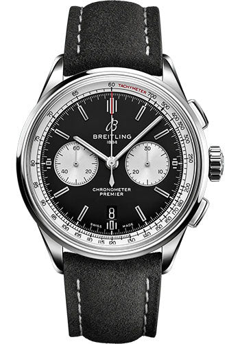 Breitling Premier AB0118371B1X2 B01 Chronograph 42 Stainless Steel - Black Dial - Anthracite Calfskin Leather Strap - Tang Buckle
