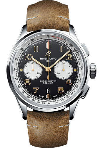 Breitling Premier AB0118A21B1X2 B01 Chronograph 42 Norton Steel - Black Dial - Brown Leather Strap - Tang Buckle